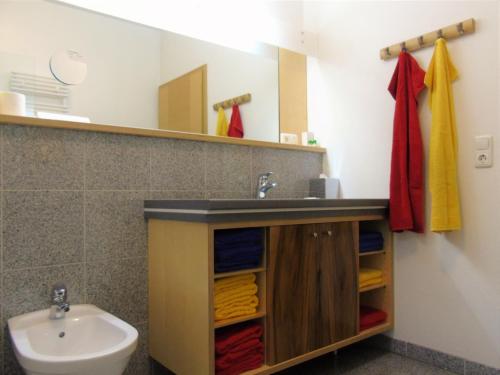 een badkamer met een wastafel, een toilet en een spiegel bij Ferienhaus Bauhaus in Königsberg in Bayern