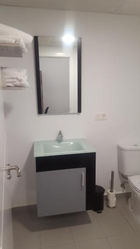 a bathroom with a sink and a mirror and a toilet at Deluxe Hostels & Suites Merida in Merida