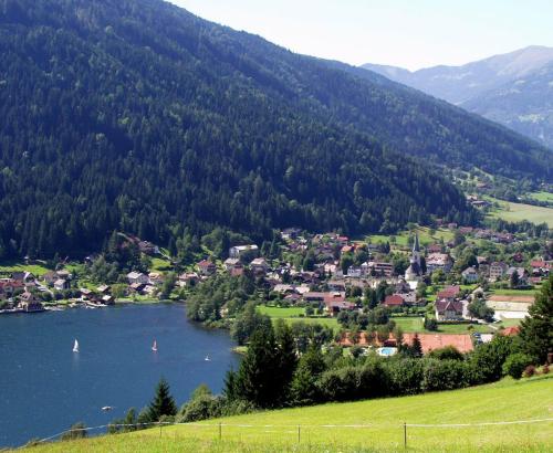 a view of a town with a river and a village at Ferienwohnung Brennseeblick in Feld am See