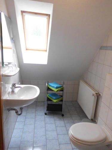 a bathroom with a sink and a toilet and a window at Pension Ostseeurlaub in Rostock