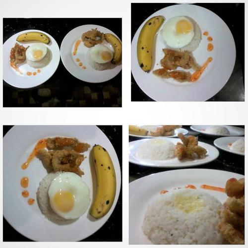 four pictures of plates of food with eggs and rice at Fj Manila Hotel in Daraga