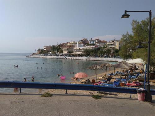 a beach with a bunch of people in the water at Manti in Skala Marion