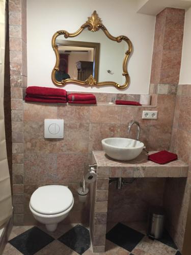 a bathroom with a toilet and a sink and a mirror at McMüller's Kemenate Fulda in Fulda