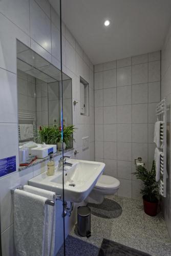 a bathroom with a sink and a toilet and a mirror at Gästehaus Am Hochsimmer in Ettringen