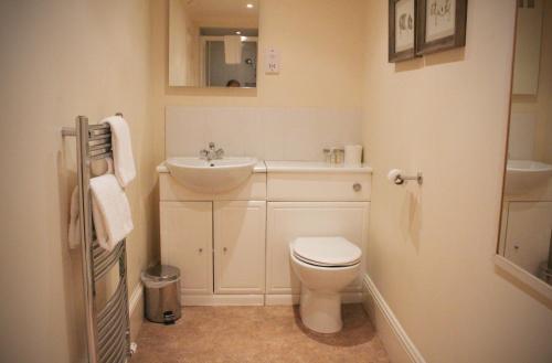a bathroom with a white toilet and a sink at Loch Leven Hotel & Distillery in Glencoe