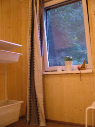 a bathroom with a window and a shower curtain at Mill Hause Apart 1 in Druskininkai