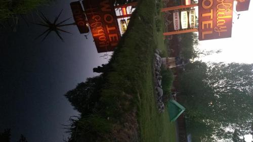 a row of signs on the side of a building at night at Long Holiday Motel in Gunnison