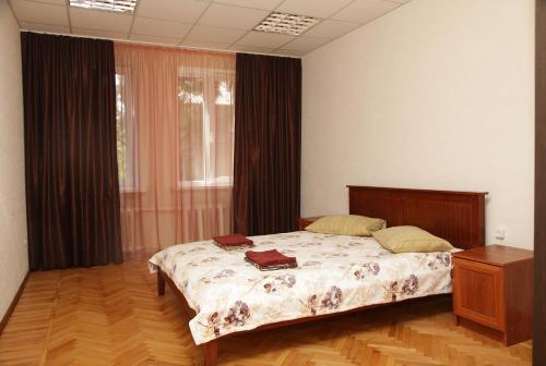 um quarto com uma cama e uma janela com cortinas em Apartments on Moskovskaja em Dnipro