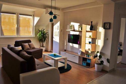 una sala de estar con un sofá y una mesa en Felix Apartment City Center, en Skopje