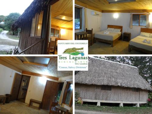 a collage of pictures of a house with a sign at Tres Lagunas, Selva Lacandona in Lacanjá