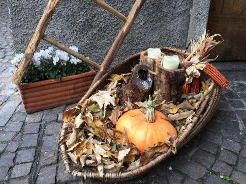 a wicker basket with a pumpkin and some leaves at B&B El Piastrol in Bagolino