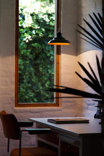 a desk with a potted plant next to a window at Rukka Lodge in Tumbaco
