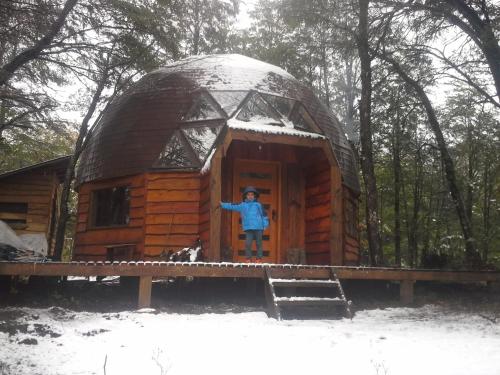 a person standing in the doorway of a wooden cabin at Domos Entre Bosques in Malalcahuello