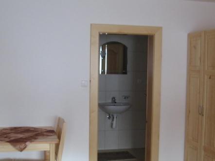 a bathroom with a sink and a mirror at Penzion Krasula in Ždiar