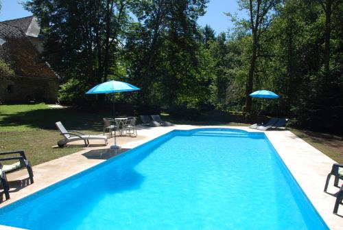 a large swimming pool with chairs and umbrellas at B&B Chateau le Bois in Saint-Julien-aux-Bois