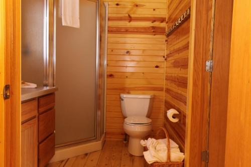 baño con aseo y pared de madera en Neshonoc Lakeside Camping Resort, en West Salem