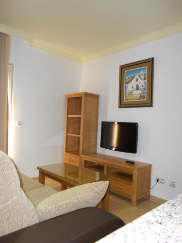 a living room with a tv and a couch and a table at Apartamentos Turisticos Las Yucas in Torre del Mar
