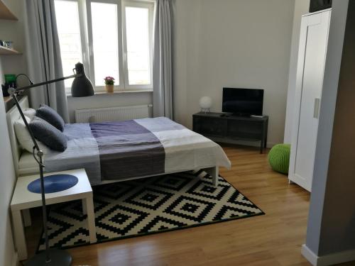 a bedroom with a bed and a rug at Apartament blisko Centrum in Warsaw