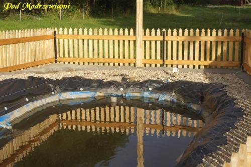 a pool of water in front of a wooden fence at Pod Modrzewiami in Ciche