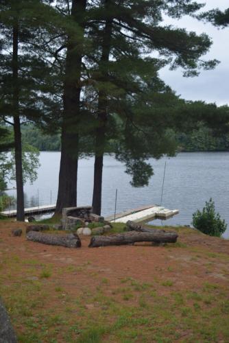 a group of logs on the shore of a lake at The Long View Lodge in Long Lake