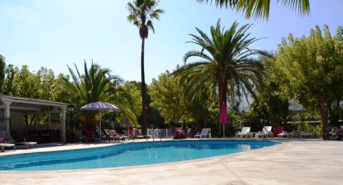 a swimming pool with chairs and palm trees at Servotel Castagniers in Castagniers