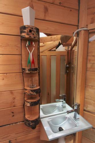 une salle de bain avec un lavabo et un miroir dans l'établissement Eco Yourte, à Sembadel