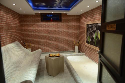 a room with a brick wall and a blue ceiling at Spa Hotel Ivelia in Dŭbnitsa