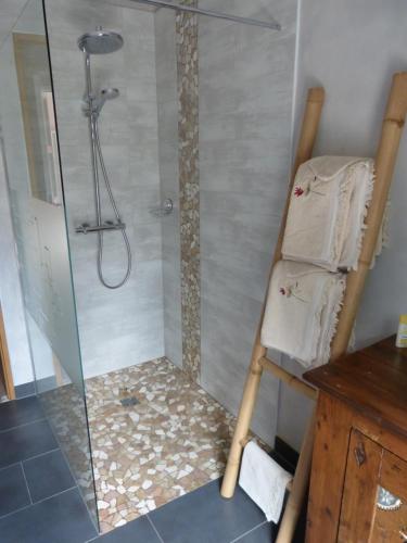 La salle de bains est pourvue d'une douche avec une porte en verre. dans l'établissement La Santijohannaise, à Saint-Jean-Kourtzerode