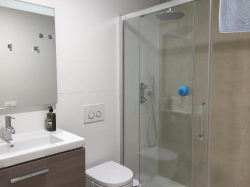 a bathroom with a shower with a toilet and a sink at Beach House Brotonss in El Campello