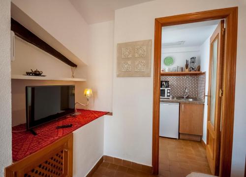 a living room with a television and a kitchen at APN Rio Darro in Granada
