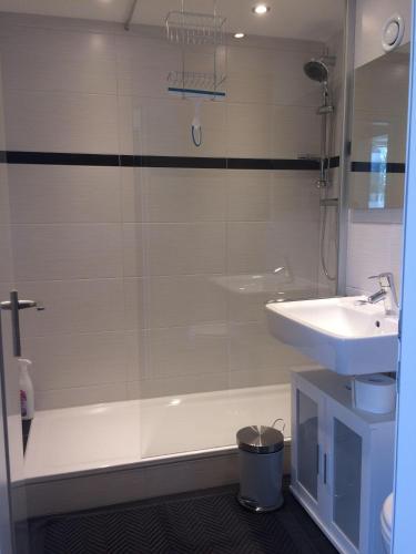 a bathroom with a shower and a sink and a tub at Ferienwohnung-Koehler in Altreichenau