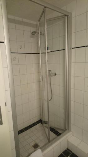 La salle de bains est pourvue d'une douche avec une porte en verre. dans l'établissement Ferienwohnung Thimm, à Bad Krozingen