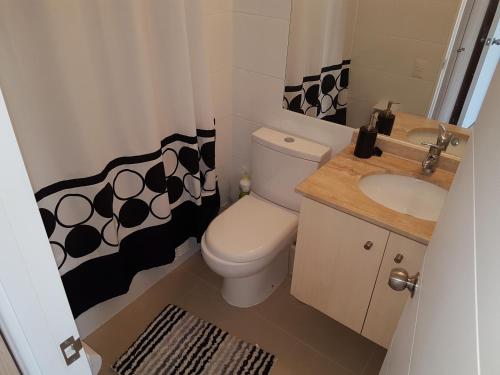 uma casa de banho com uma cortina de chuveiro em preto e branco e um WC. em Papudo Laguna VISTA AL MAR Y PISCINA em Papudo