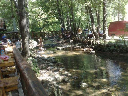 a stream with trees and a fence next to a river at Apartment Pavlovic in Soko Banja