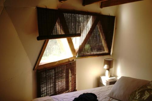1 dormitorio con cama y ventana grande en Domos de Molco, en Pucón