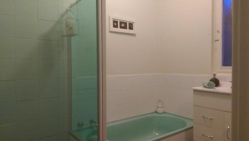a bathroom with a green tub and a shower at My Port Lincoln Place in Port Lincoln