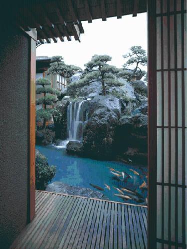 a painting of a waterfall in front of a house at Beautiful Japanese Garden Kagetsu in Fuefuki
