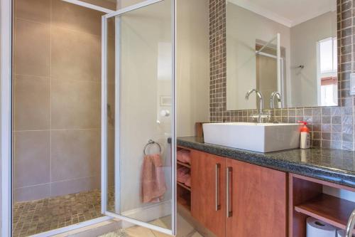 a bathroom with a sink and a shower at Cottage Kilkenny in Johannesburg