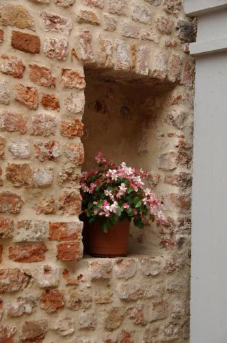 a pot of flowers sitting on a brick wall at Tampere Maja in Tartu