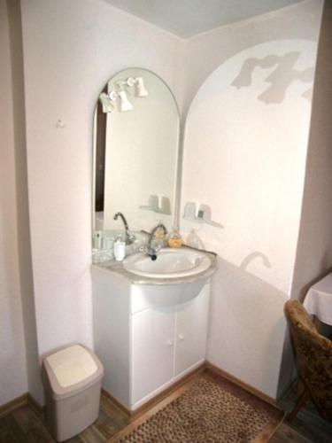 a bathroom with a sink and a mirror and a toilet at Ferienunterkuenfte Schulz in Ahlbeck