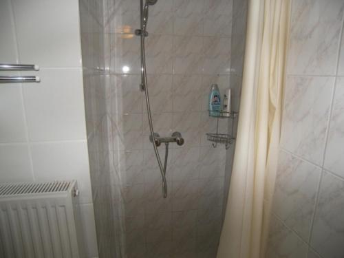 a shower with a shower curtain in a bathroom at Ferienunterkuenfte Schulz in Ahlbeck