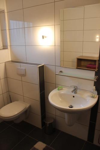 a bathroom with a sink and a toilet at Ferienhaus am Emspark in Leer