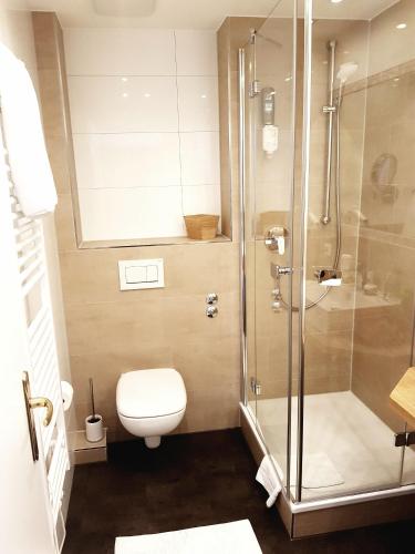 a bathroom with a toilet and a glass shower at Hotel Württemberger Hof in Reutlingen