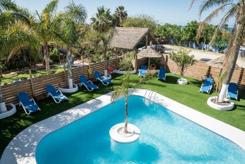 a pool with chairs and a palm tree in a resort at Apartamentos Hacienda Sajorami in Zahora