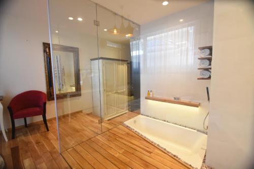 a bathroom with a tub and a glass shower at Hotel Europa in Baia Mare