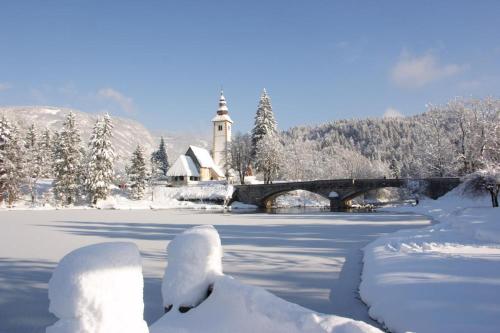a winter scene with a church and a bridge and snow at Apartments and rooms Cerkovnik in Bohinj