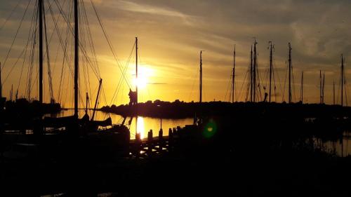 a sunset over a bunch of boats in a harbor at Bed & Breakfast De Schans in Makkum