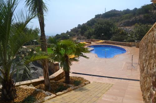 a swimming pool with palm trees in front of a hill at Hotel Simón in Mojácar