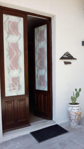 a wooden door with glass windows and a potted plant at EtnaSpecial in Nicolosi