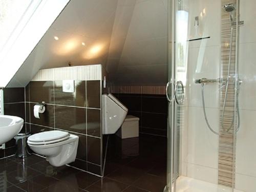 KargowにあるFerienwohnung Kranichzugのバスルーム(トイレ、洗面台、シャワー付)